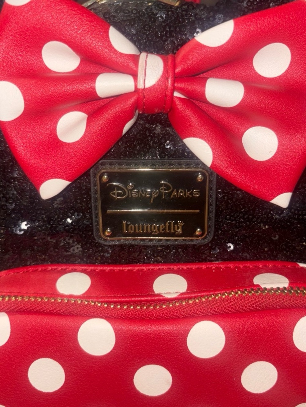 Loungefly Red White Polka Dot Minnie Mouse Sequin Ear Backpack - Picture 2 of 7